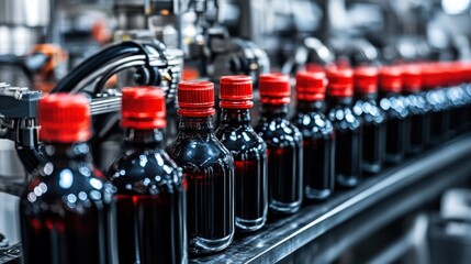 A large-scale beverage production factory with automated bottling machines.