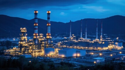 Obraz premium A large industrial facility illuminated at night, showcasing massive energy consumption.