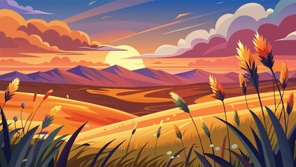 Vibrant Sunset Landscape Golden Fields and Majestic Mountains at Dusk