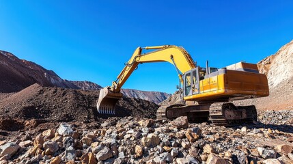 A massive yellow excavator digging into rocky terrain under a clear blue sky.