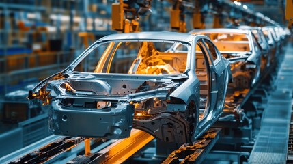 A metal stamping production line shaping steel sheets into car parts.
