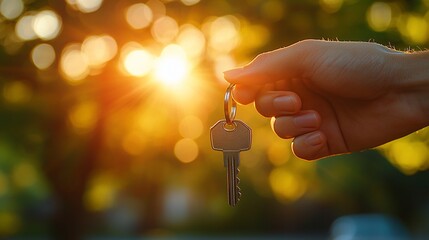 Hand holding keys at sunset, new home, outdoor