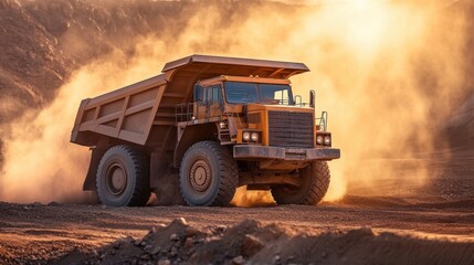A mining truck loaded with minerals driving through a dusty quarry.