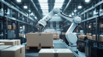 A modern robotic palletizing system stacking products for distribution.