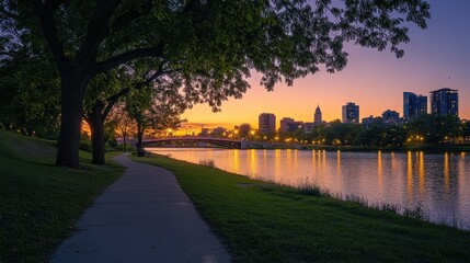 Serene sunset over a river, with a city skyline and pathway in the foreground.