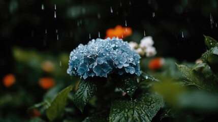Obraz premium Hydrangea in the rain. A vibrant blue hydrangea flower is showered with rain, while other colorful flowers are visible in the background. Dark foliage surrounds the flower