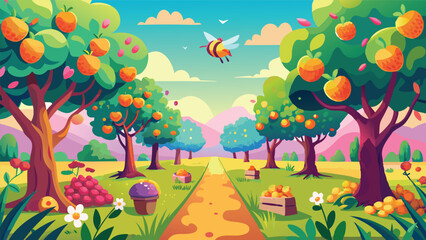Idyllic Orchard Path Cartoon Illustration of Fruit Trees Bee and a Sunny Day