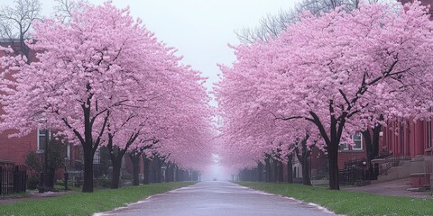Obraz premium Beautiful Spring Street View with Blooming Pink Cherry Blossom Trees Lining Both Sides Creating Serene Nature Scene for Tranquil Walks Photography and Springtime Mood