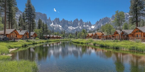 Obraz premium Stunning Scenic View of Mountain Cabins by Tranquil Lake Surrounded by Majestic Trees and Snow Capped Peaks Perfect Vacation Destination for Relaxation and Adventure