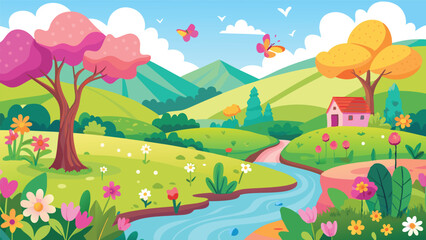 Fototapeta premium Idyllic Spring Landscape Serene River Blooming Flowers and Charming House