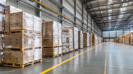 A row of industrial pallets loaded with goods, ready for shipment in a warehouse.