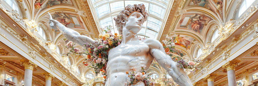 Floral Decorated Classical Statue in Ornate Gold Interior