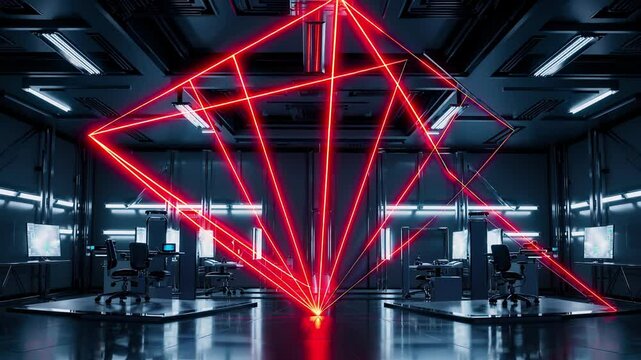 Rotating crimson laser security beams sweeping high tech laboratory control room, revealing advanced monitoring systems, precision computer consoles, cutting edge technological infrastructure