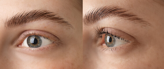 Woman showing her eyelashes before and after lamination procedure, closeup. Collage of photos