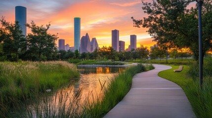 Obraz premium Scenic urban park at sunset with a winding path and city skyline in the background.