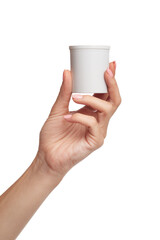woman's hand holding white jar on white background