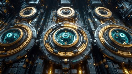 Fototapeta premium Futuristic metallic panels, glowing teal circles, detailed background, sci-fi concept art