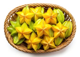 A wicker basket overflowing with ripe and unripe star fruits