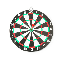 Dart board with red arrow hitting target isolated on white