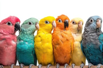 Vibrant parrots perched in a row