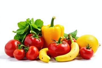 Variety of organic fruits & vegetables isolated, agriculture, natural, plant based