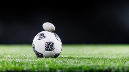 Soccer ball balanced on artificial turf. Small stone balanced on top