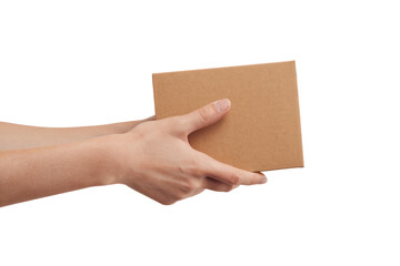 hands holding brown cardboard box isolated on white background
