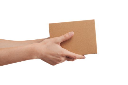 hands holding brown cardboard box isolated on white background