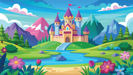 Fairytale Castle nestled in a scenic valley with mountains and river A whimsical illustration