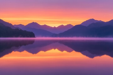 Fototapeta premium Serene sunrise paints the mountains and lake with vibrant hues of orange and purple, creating a breathtaking reflection.