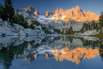Naklejka premium Majestic mountain range reflected in a serene alpine lake at sunrise, showcasing stunning colors and tranquil beauty.