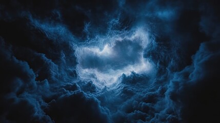 Dark, dramatic clouds with a luminous center.  Vast, ominous storm clouds gather,  creating a dramatic void of light.  A mysterious sky hole