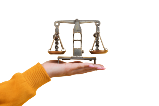 scales of justice in hand on white background