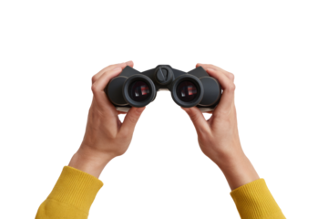 binoculars in hands isolated on white background