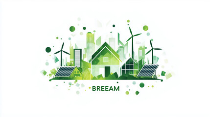 Eco Friendly Cityscape Sustainable Homes Wind Turbines Solar Panels Green Energy Illustration
