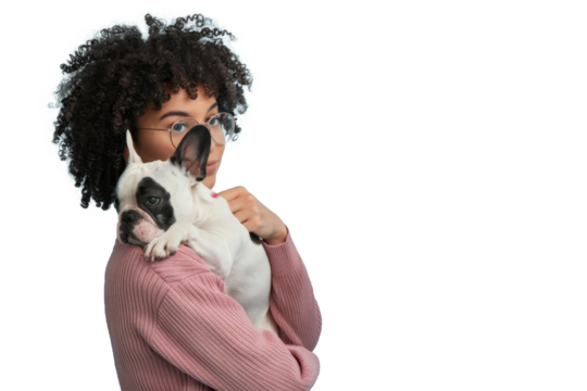 woman holding french bulldog  Isolated on Background