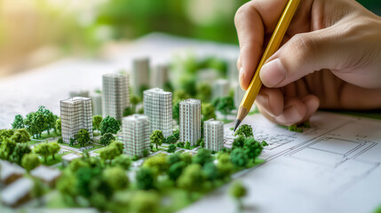 Architect Engineer Contractor Designing Eco Friendly Urban Development Green City Model with Pencil
