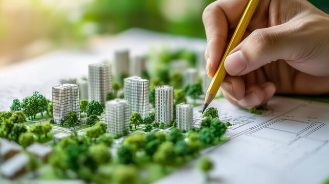 Architect Engineer Contractor Designing Eco Friendly Urban Development Green City Model with Pencil
