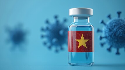 Vaccine vial with Vietnam flag against backdrop of coronavirus microbes