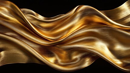 Flowing golden silk fabric in motion studio digital art black background close-up view