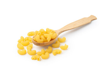 Raw horns pasta in spoon isolated on white