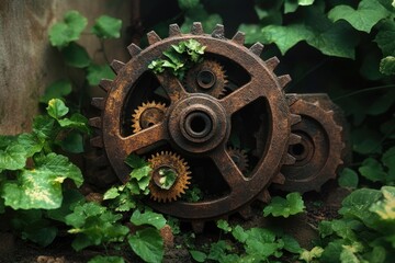 Rusty gears, overgrown with vibrant green foliage, suggest a forgotten industrial past reclaimed by nature.