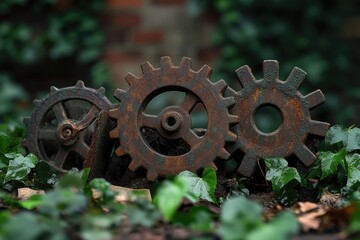 Three rusty gears nestled amongst lush green ivy, showcasing the contrast between nature and industry.
