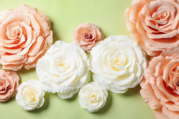 Beautiful paper flowers on light green background, flat lay