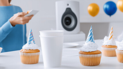 celebrate with cupcakes, balloons, and a speaker for party tunes! a person uses a smartphone amidst the festive atmosphere.