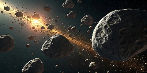 Naklejka premium Asteroid Belt with Rocky Textured Surface – Deep Space Sci-Fi Background