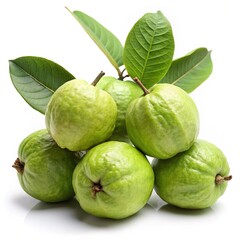 Fototapeta premium A Group of Fresh Green Guavas with Lush Leaves on a White Background