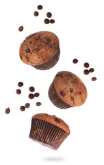 Yummy chocolate chip muffins falling on white background