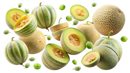 A Collection of Fresh Juicy Honeydew and Cantaloupe Melons Falling in Mid Air