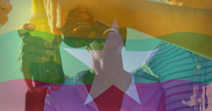 Celebrating with drinks, people overlay Myanmar flag colors and star animation - Powered by Adobe